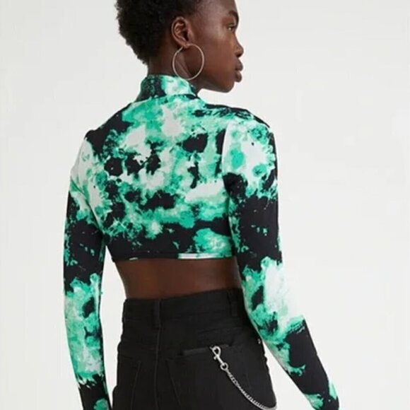 No Fear x H&M Long Ribbed Crop Top Women's XL Green Pattern Mock Neck Punk Emo - Picture 2 of 10